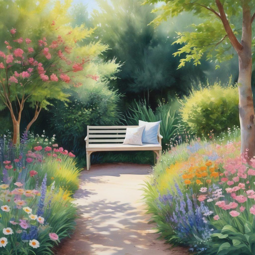 A serene and inviting garden scene featuring diverse flowers in bloom, a small path leading to a cozy bench where a person sits sipping tea in the sunlight. Surrounding trees gently sway in a light breeze, with birds in vibrant colors playing above. Comfy cushions and a book lay on the bench, symbolizing relaxation and self-care. The overall atmosphere is warm and uplifting, evoking a sense of peace and cheer. watercolor painting. soft pastel colors. tranquil vibe.