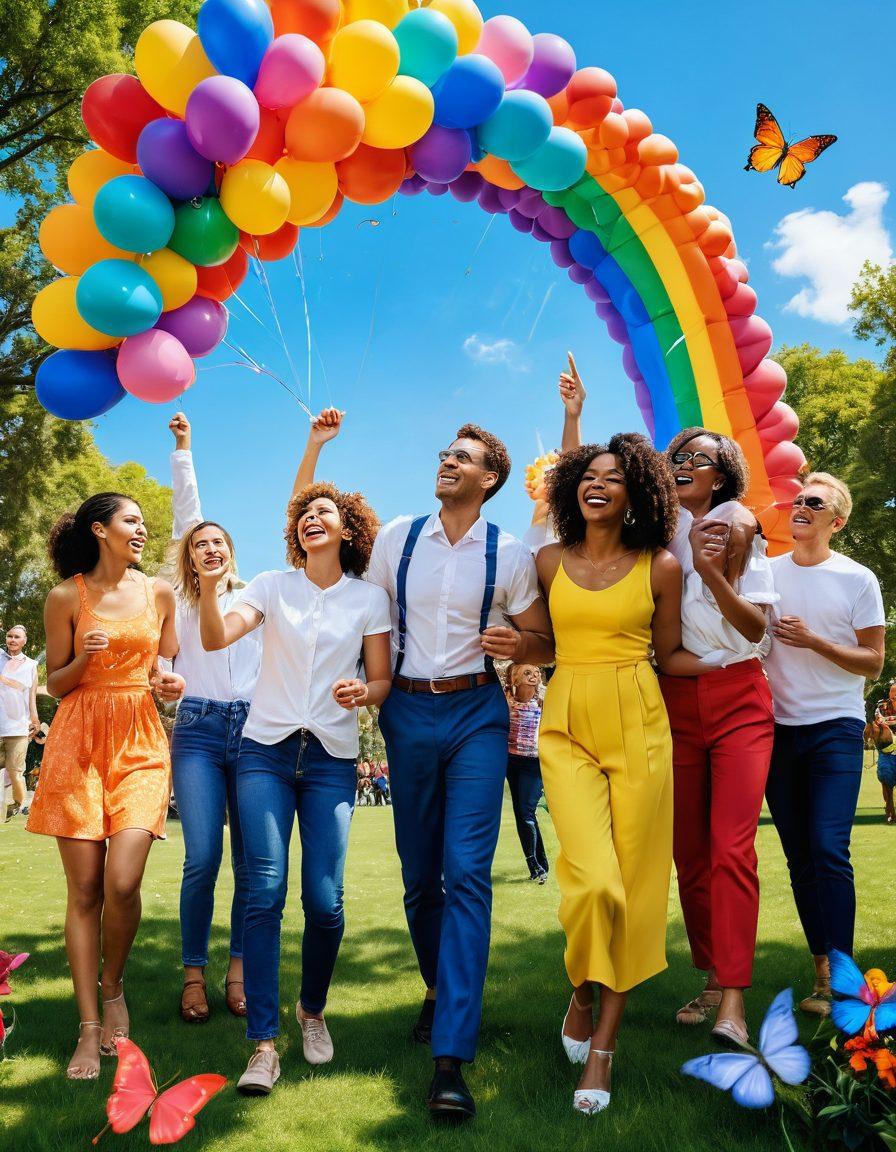 A joyful group of diverse individuals gathered in a sunlit park, laughing and sharing moments of celebration, surrounded by vibrant flowers and colorful balloons. In the background, a rainbow arcs across a clear blue sky, symbolizing hope and happiness. Include whimsical elements like butterflies and playful animals to enhance the sense of exuberance. super-realistic. vibrant colors. natural setting.