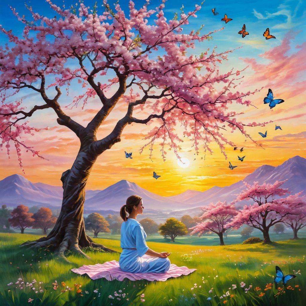 A serene landscape featuring a radiant sunrise over a lush green field, with a person joyfully meditating beneath a cherry blossom tree, surrounded by butterflies and blooming flowers. Include hints of ethereal light illuminating the scene, symbolizing happiness and bliss. The overall atmosphere should evoke tranquility and joy. vibrant colors. painting.